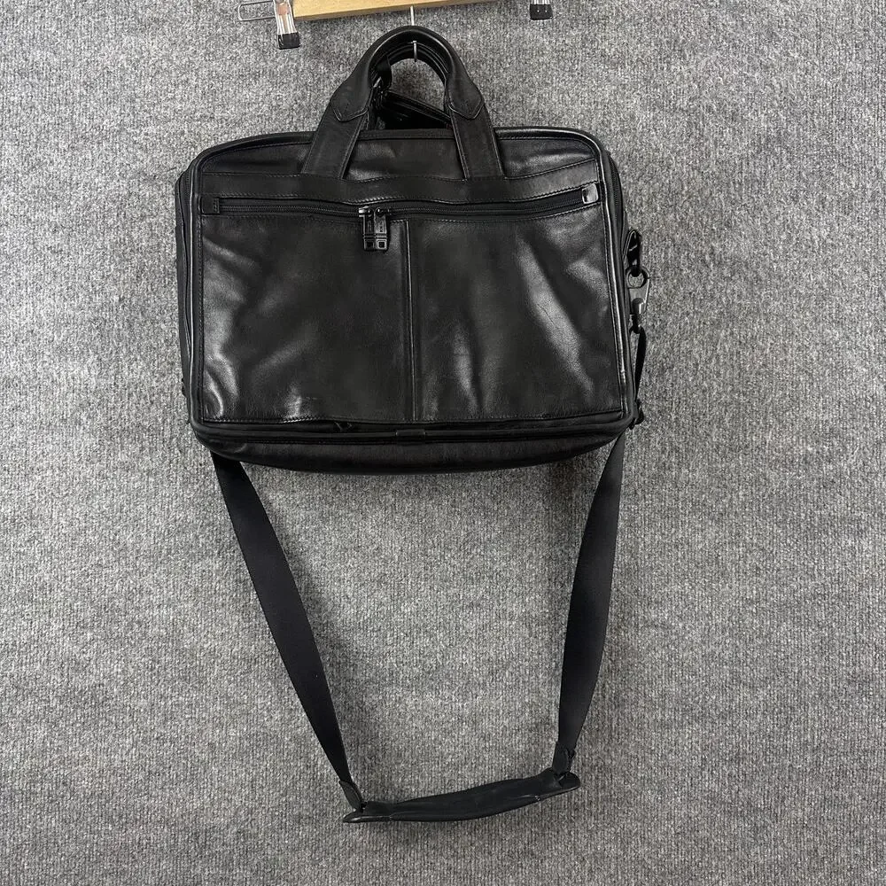 Tumi Expandable Organizer Laptop Briefcase Black Leather Adjustable Strap Office